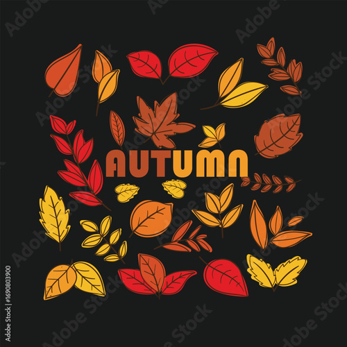 Set of autumn leaves from different trees, oak, maple, chestnut. Simple, yellow, red, orange fall leaf set for pattern, banner, sticker, Hello autumn card. Flat vector illustration on black background