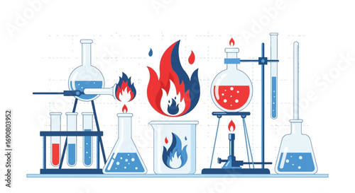 Illustration depicting a chemistry lab with various flasks and flames illustrating scientific