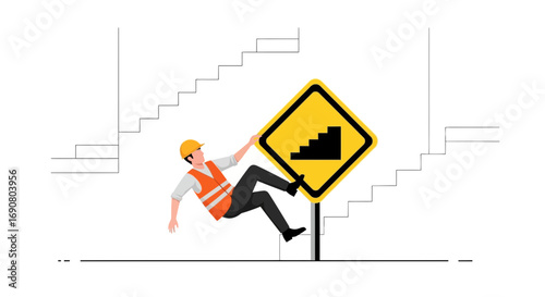 Illustration depicting a construction worker falling near a stairs hazard warning sign indicating