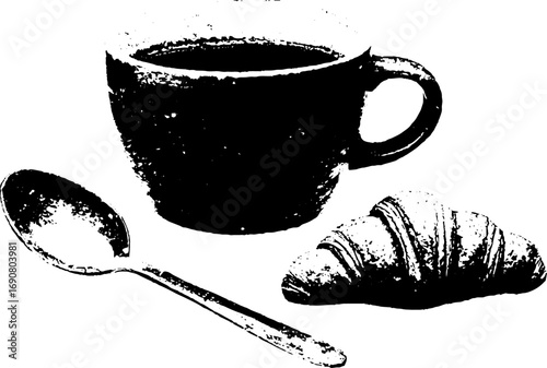 Black and white grunge coffee illustration set featuring cup, spoon, and croissant for cafe decor