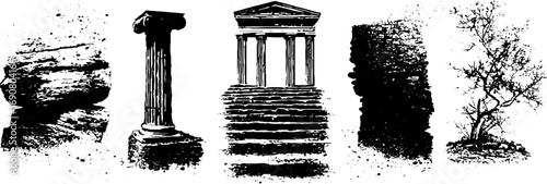 Ancient ruins and nature elements in grunge black and white illustration for design