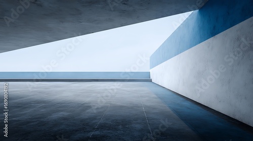A clean and modern background with a blue sky, white walls, a dark floor, and an open space