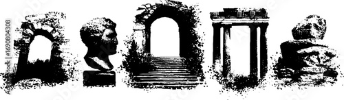 Grunge black and white collage of ancient ruins and sculptures for urban design and decor