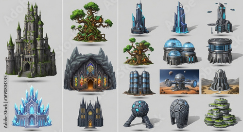 Collection of fantasy and scifi building illustrations, showcasing diverse architectural styles and designs for game development and concept art