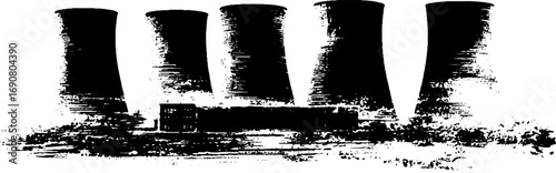 Industrial cooling towers in grunge black and white silhouette for urban design