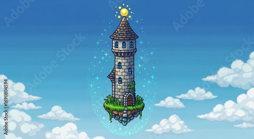 A solitary stone tower, topped with a golden orb, stands on a floating island amidst a cloudy sky, evoking a sense of mystery and wonder