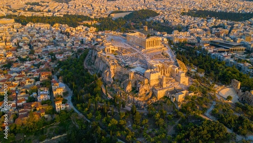 Fototapeta Naklejka Na Ścianę i Meble -  Aerial view around the capitol city Athens and the acropolis in Greece on an early sunny morning in fall.