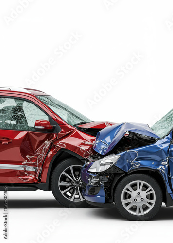 Damaged Vehicles After Collision: Red SUV and Blue Car