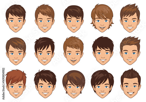 Collection of diverse young men hair styles and facial expressions for design projects