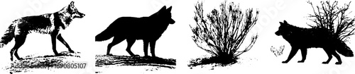 Grunge black and white coyote and nature silhouette set for artistic design