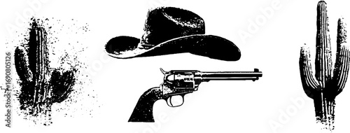 Grunge black and white cowboy theme with hat, revolver, and cactus elements for western designs
