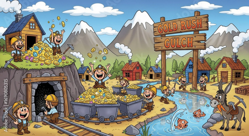A cartoon illustration of a bustling gold rush town with happy miners, overflowing carts of gold, and a sign reading gold rush gulch