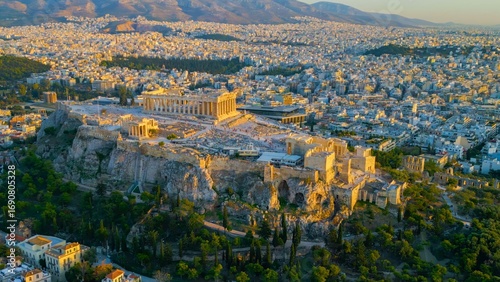 Fototapeta Naklejka Na Ścianę i Meble -  Aerial view around the capitol city Athens and the acropolis in Greece on an early sunny morning in fall.