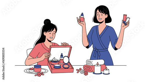 Two young women are happily applying makeup and skincare products in a bright clean setting showcasing beauty routines and self care