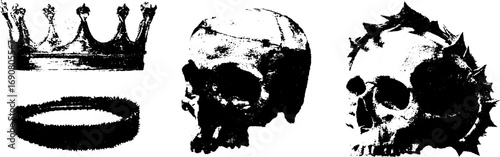 Grunge black and white skull and crown illustration set for urban design