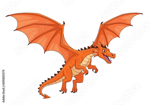 A majestic orange dragon with outstretched wings soaring through the sky