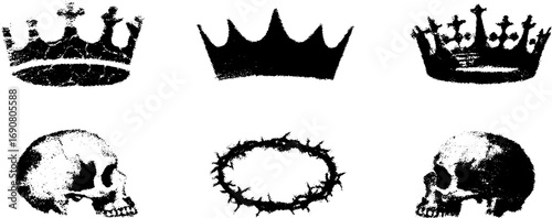 Grunge black and white set of crowns and skulls for urban design projects