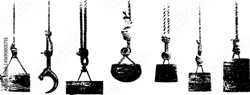 Industrial grunge black and white set of cranes for art and design projects