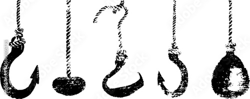 Grunge black and white illustration of crane hooks set for industrial design