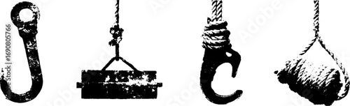 Grunge black and white crane hook illustration set for vintage design