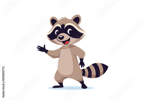 Cute cartoon raccoon waving hello in a friendly playful manner on white background