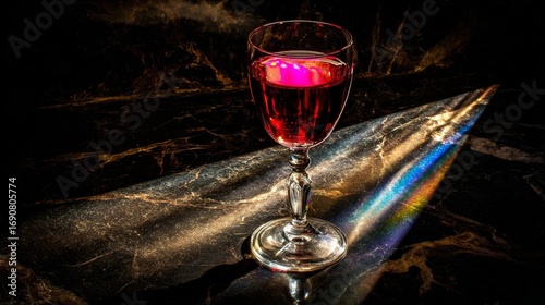A single glass goblet with red liquid stands on dark marble, light reflecting off its edges creating colorful patterns,