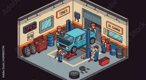Isometric illustration of a car repair shop with mechanics working on a vehicle, tools, and equipment in a wellorganized space