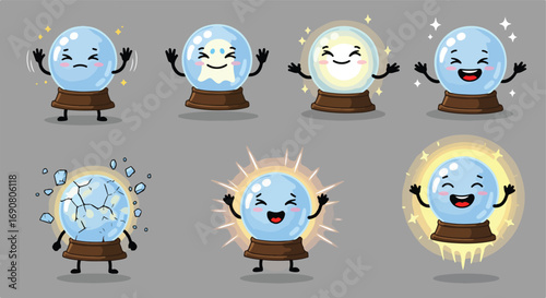 Set of cute cartoon crystal balls with different emotions, magical halloween ghost character and mystic prediction orbs collection