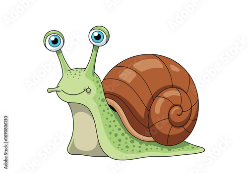 Adorable cartoon snail with large expressive eyes and a brown shell on a white background