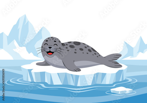 Happy seal resting on an ice floe in arctic waters surrounded by icebergs