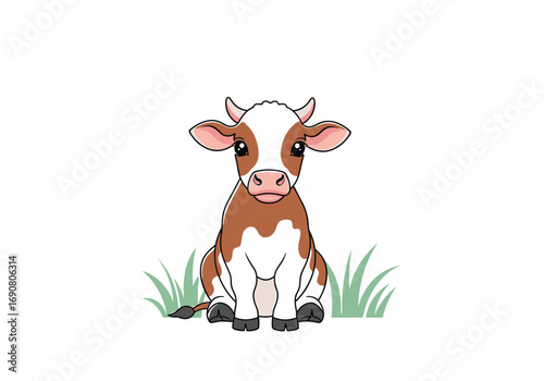 Adorable brown and white baby cow sitting in lush green grass illustration