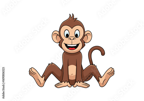 A cute brown monkey sitting open mouth smiling with big ears and a curled tail