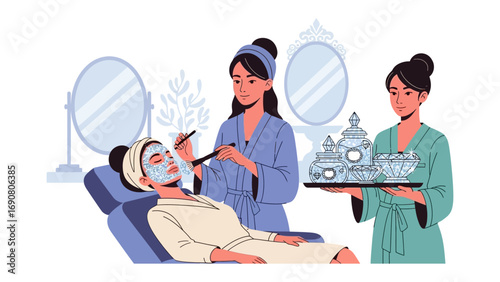 Skincare treatment with a facial mask and spa service in a beauty salon with two aestheticians and client relaxing on a chair