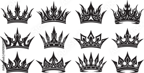 A diverse collection of stylized royal crown silhouettes, featuring intricate flame and tribal patterns for heraldry emblems and graphic design elements