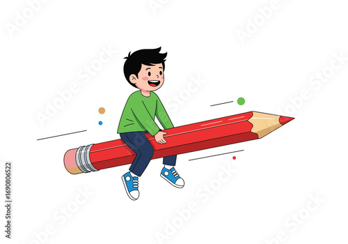 Happy young boy flying high on a giant red pencil like a rocket ship reaching for his dreams