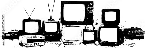 Vintage crt television set grunge black and white design for retro art and decor