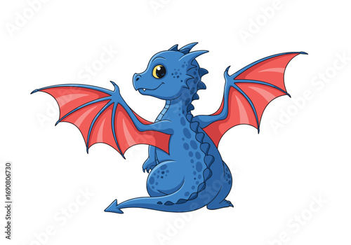 A adorable blue dragon with red wings spreads its wings in a happy pose