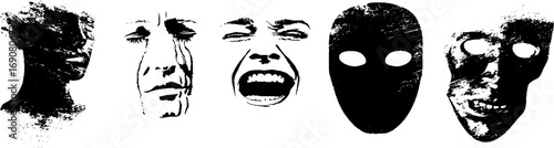 Expressive grunge black and white crying faces illustration set for creative designs
