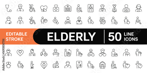 A set of 50 black and white line art elderly care and healthcare icons . Containing old,senior, retirement,  pension, grandparents, wheelchair, alzheimer, caregiver, and more. Editable stroke. Vector 