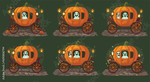 A whimsical Halloween pixel art collection of spooky pumpkin carriages carrying cute ghosts on a magical night adventure