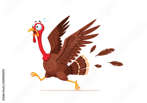 Funny cartoon turkey running fast away from danger for thanksgiving dinner preparation
