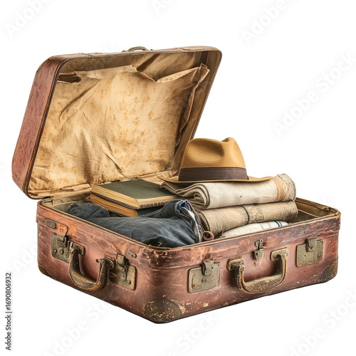 An old, open suitcase filled with clothes, a hat, and a book.