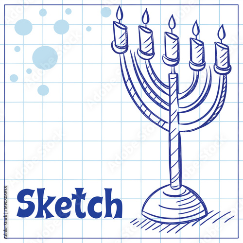 Blue ink sketch on graph paper shows a lit menorah with five candles