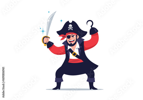 A lively pirate with a hooked hand wielding a shiny sword ready for adventure
