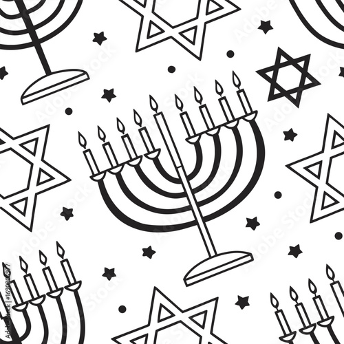 Hanukkah themed repeatable backdrop showing black menorahs, Stars of David, and other symbols