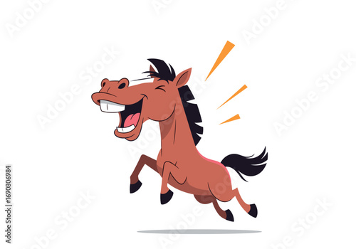 Joyful brown horse mid air with open mouth and happy expression vector illustration