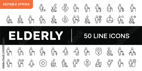 A set of 50 black and white line art elderly care and healthcare icons . Containing old,senior, retirement,  pension, grandparents, wheelchair, alzheimer, caregiver, and more. Editable stroke. Vector 