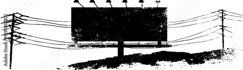 Urban grunge black and white illustration of cyber elements with power lines and billboard