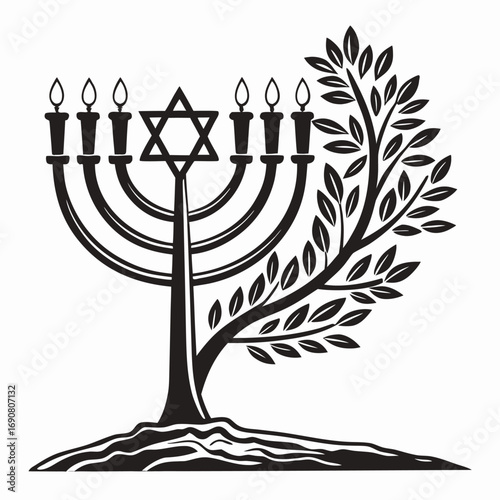 Ornate Menorah with Star of David and Leafy Branch Emerges from Earth