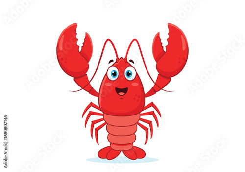 Cheerful cartoon lobster with big claws raised high ready for fun